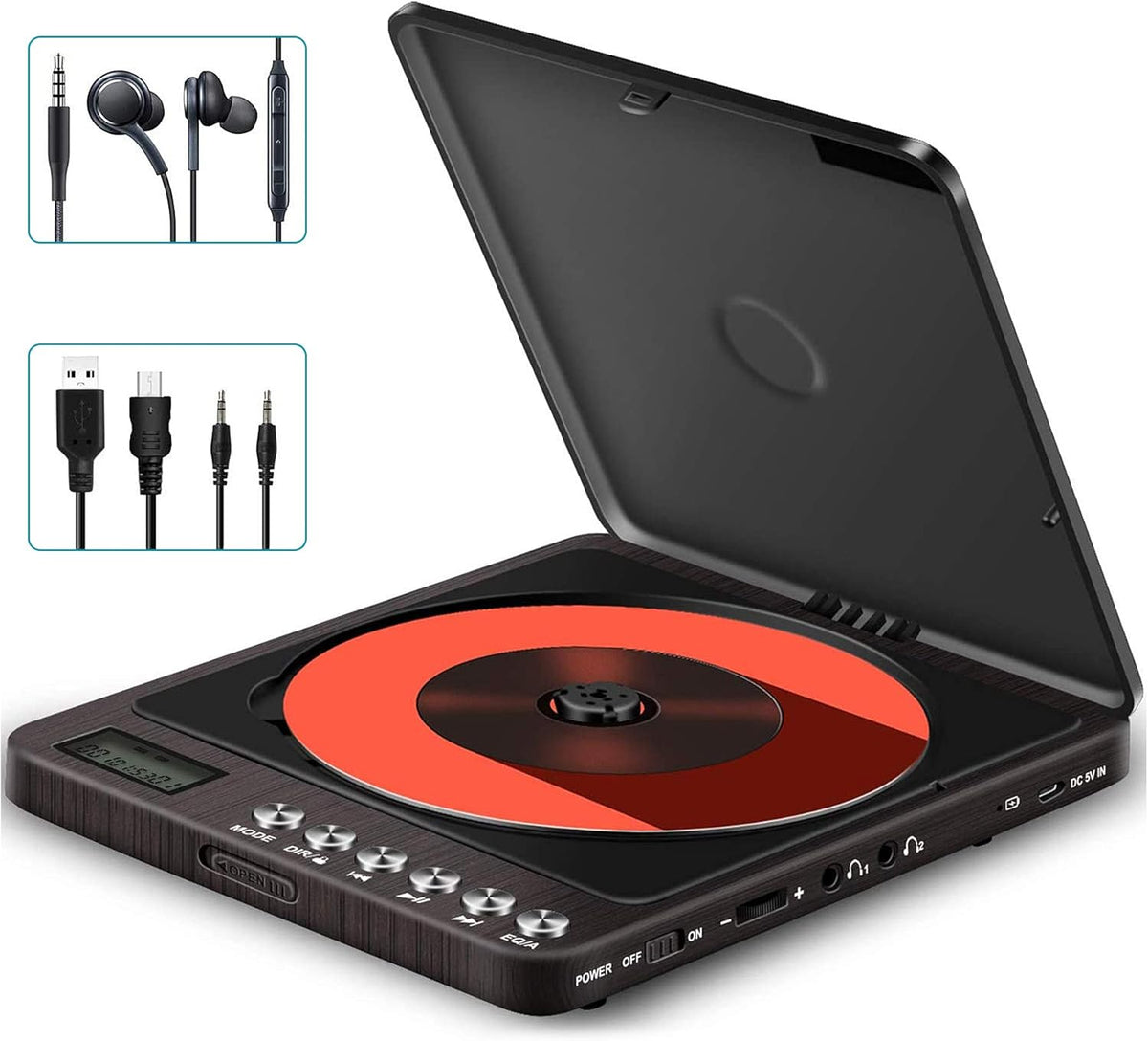 Portable Rechargeable CD Player with Dual Headphones Jack, Dark Brown, Pack of 2 Z587