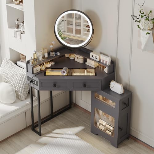 White Glass Top Corner Vanity Desk with Mirror and Lights, 4 Drawers Z466713