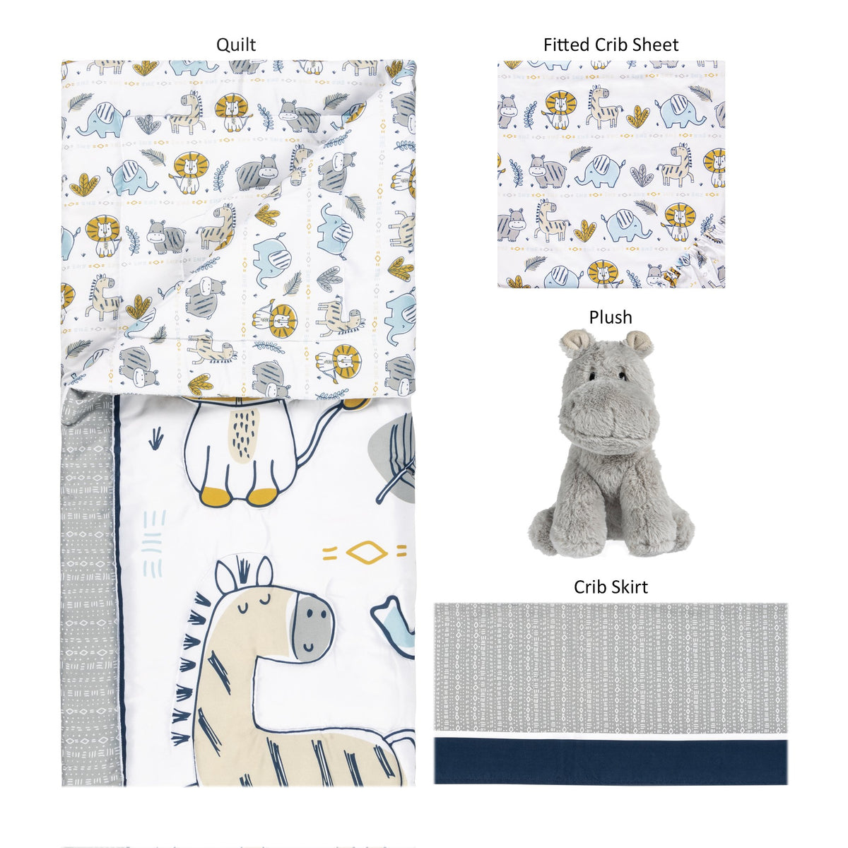 4 Piece Crib Bedding Set, White, Tan, Orange, Blue, Navy and Gray, 100% Microfiber, Polyester Fill, Quilt, Fitted Crib Sheet, Skirt and Plush Toy Y721586