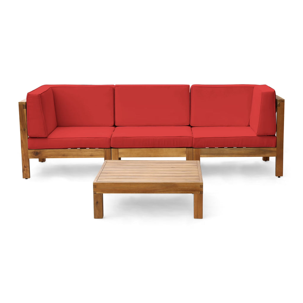 Red and Teak Acacia Wood Sofa and Coffee Table Set T755