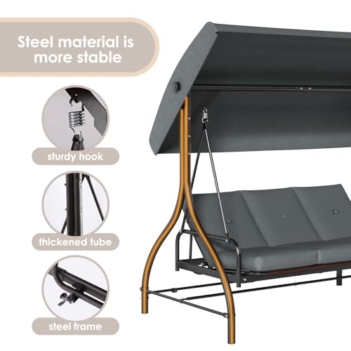 3-Seat Outdoor Patio Porch Swing with Adjustable Canopy & Backrest W929059
