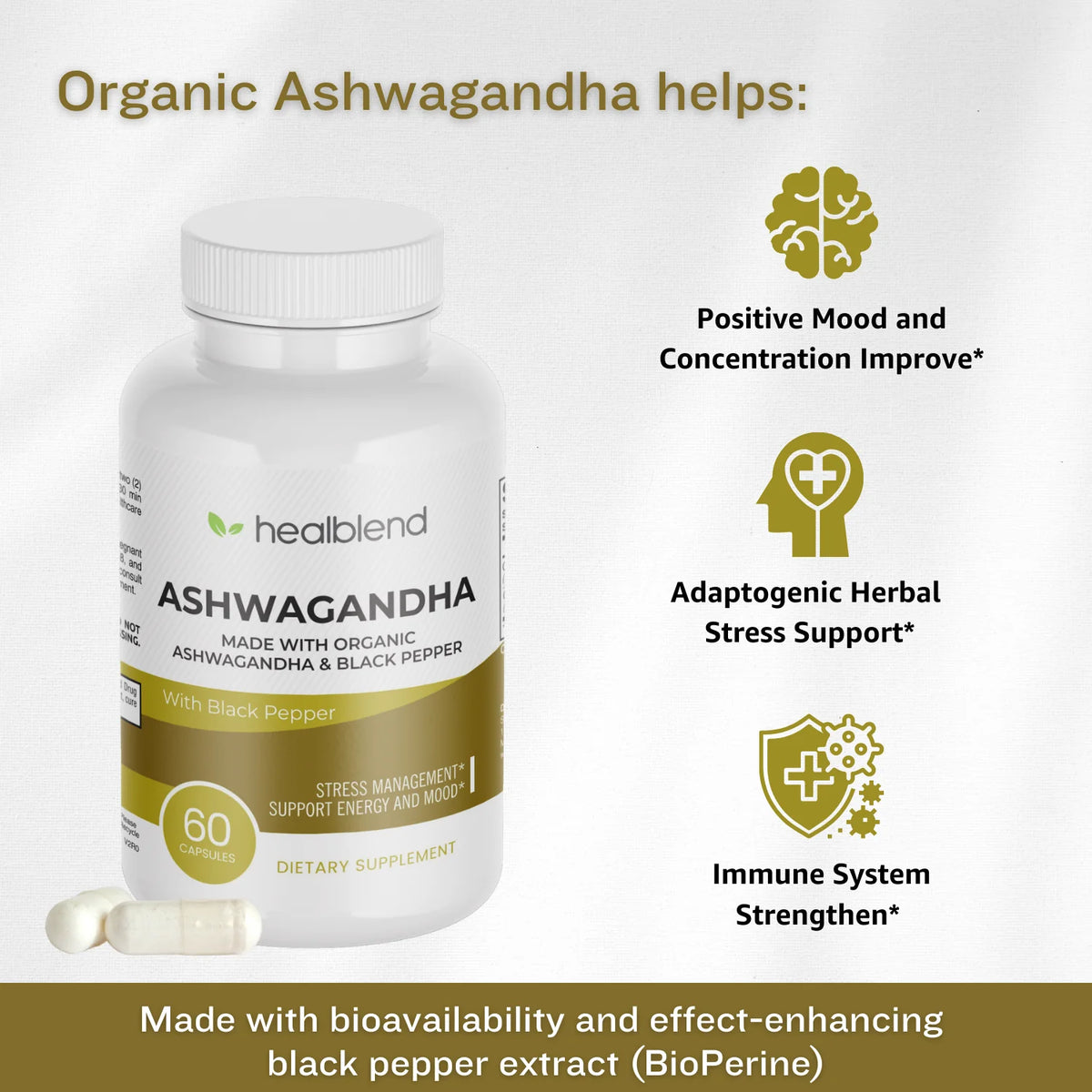 Organic Ashwagandha Supplement 1300mg with Black Pepper Extract Y538899