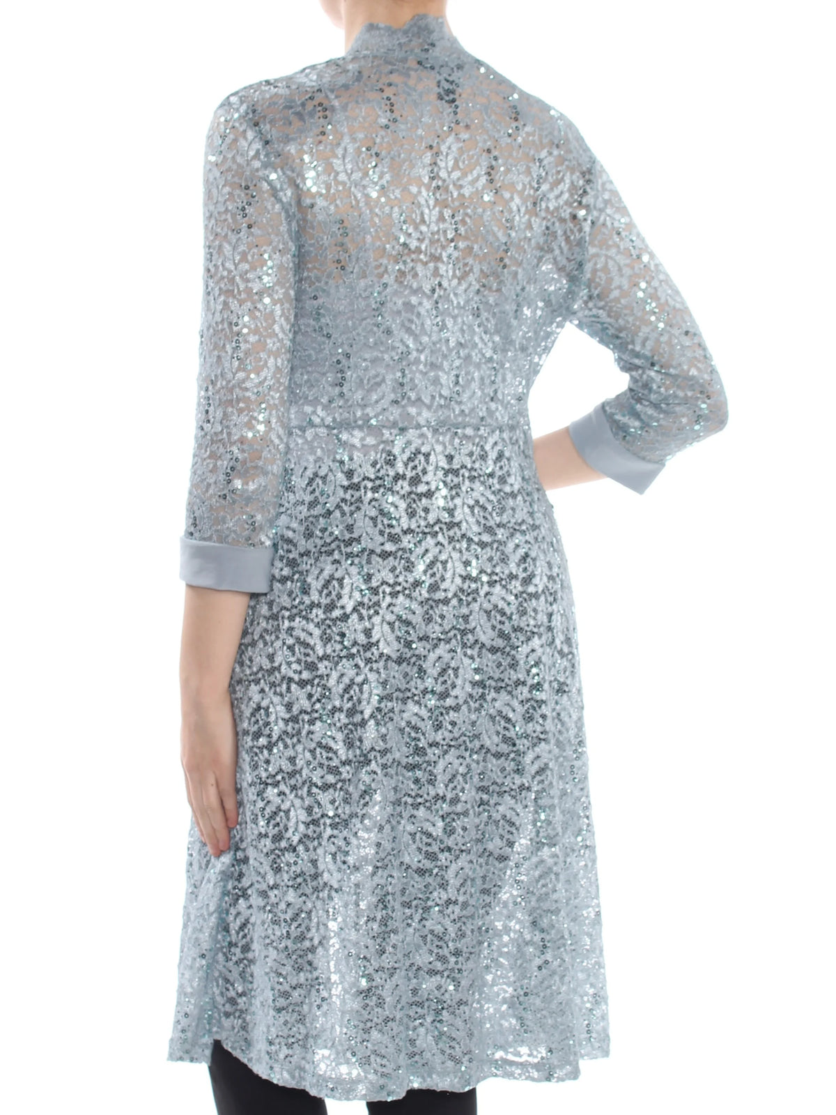 Blue Lace Sequined Floral 3/4 Sleeve Open Cardigan Top W21087
