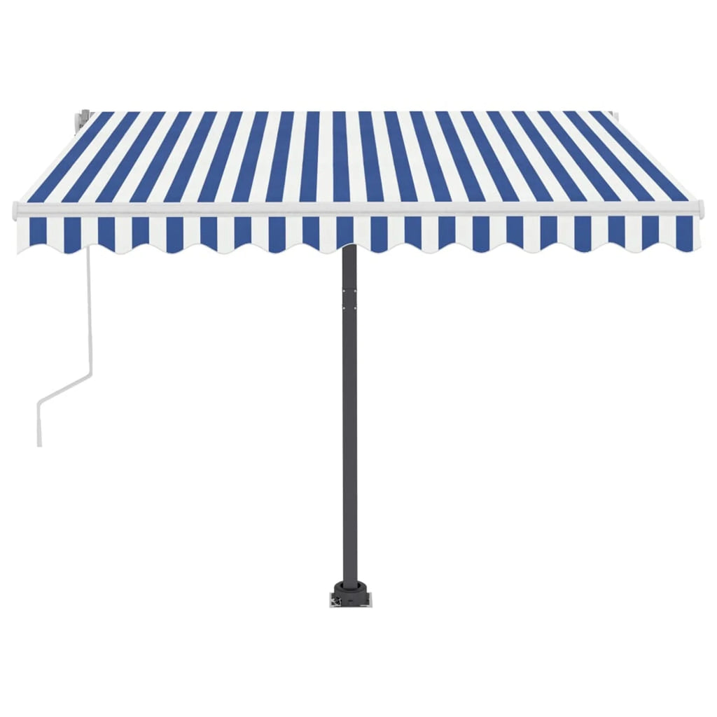 Freestanding Manual Retractable Awning with Base Outdoor Canopy Sunshade Shelter Blue and White 118.1 x 98.4 Inches J947916