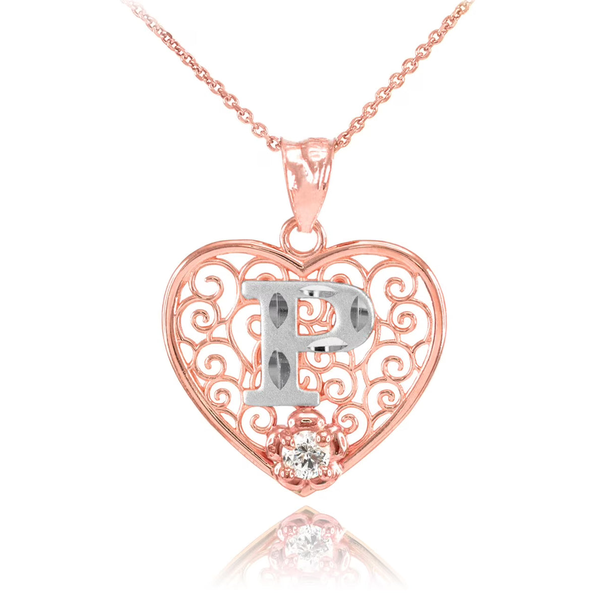 Rose Gold Filigree Heart CZ Pendant Necklace with 18" Chain N2568