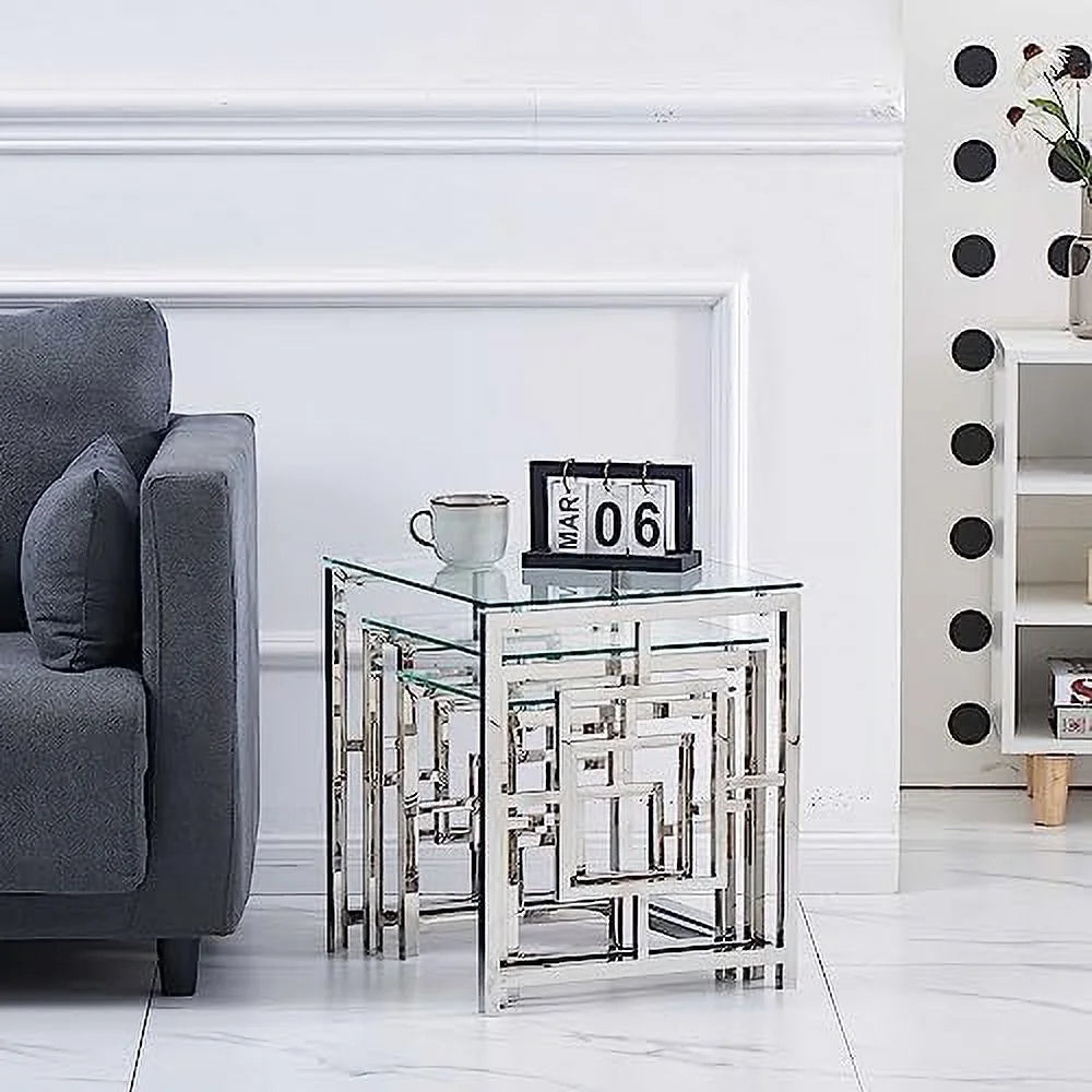Nesting Table Set of 3 Glass Tempered Glass O9407