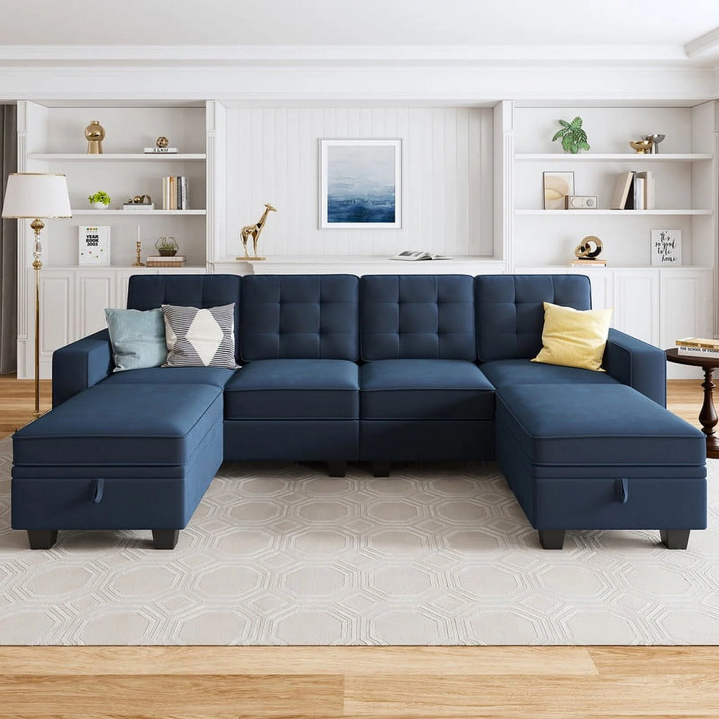 Dark Blue U-Shaped Sectional Sofa with Reversible Chaises and Storage Ottomans J483353