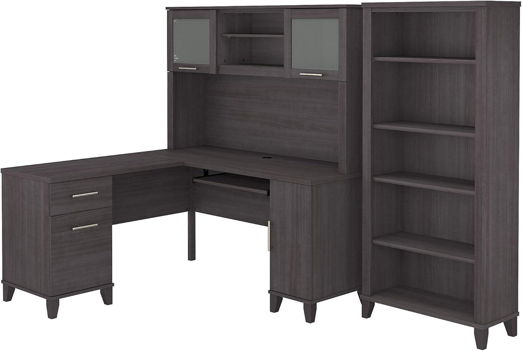 L Shaped Desk with Hutch and 5 Shelf Bookcase J471