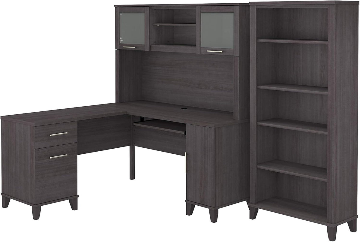 L Shaped Desk with Hutch and 5 Shelf Bookcase J471