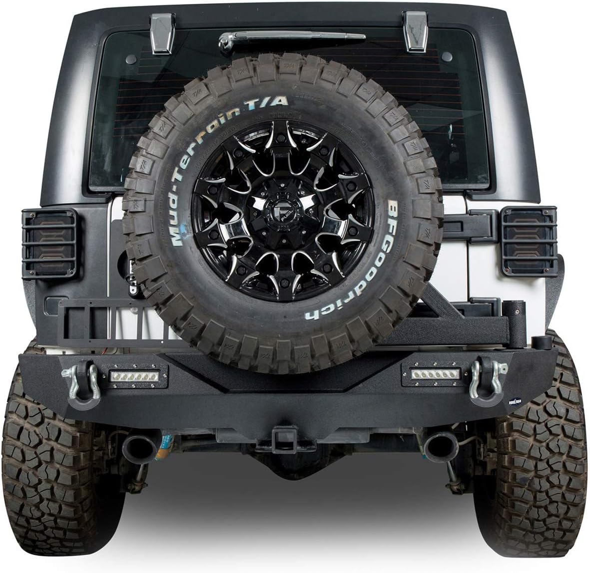 Front and Rear Bumpers with Tire Carrier & LED Light Bar & Hitch Receiver X16633