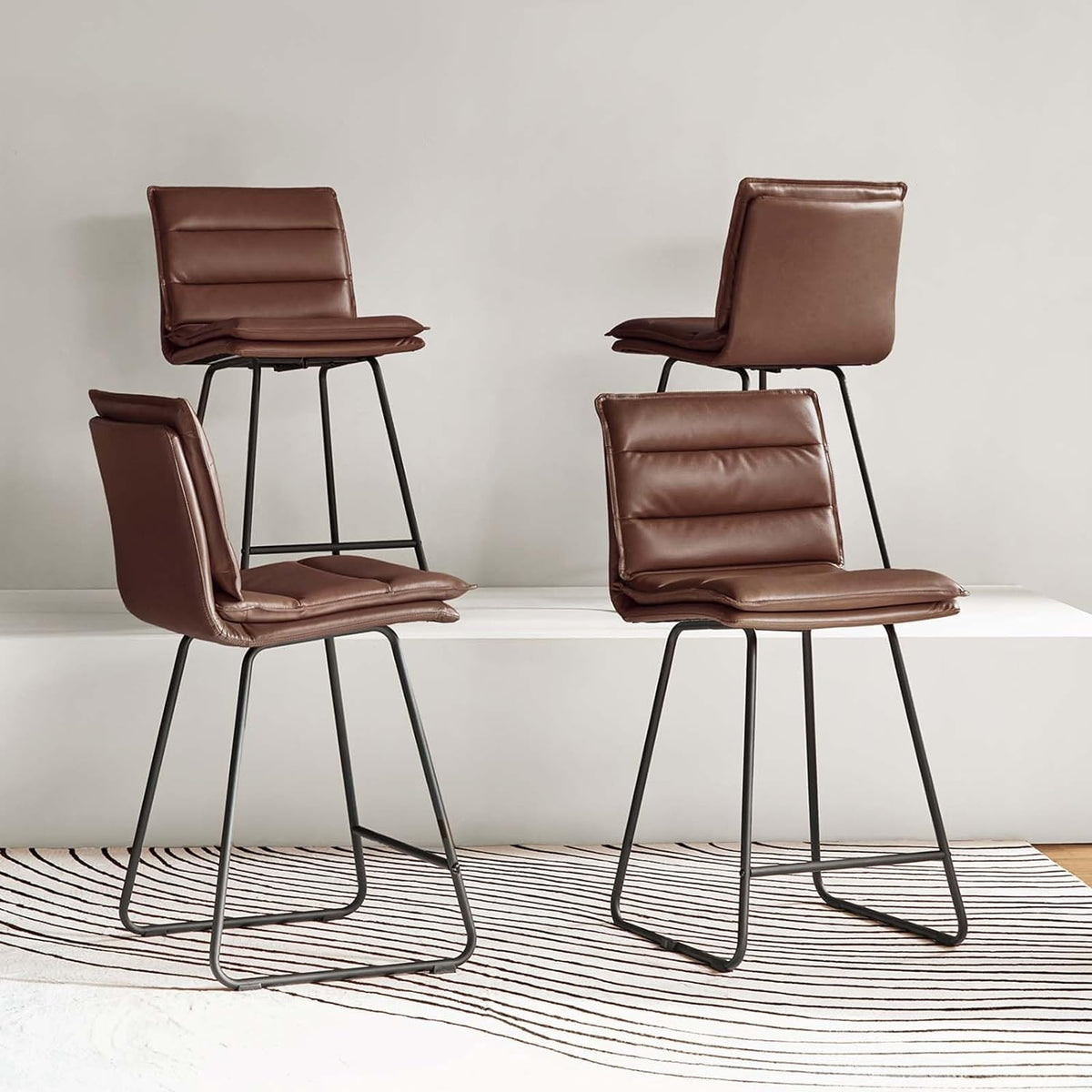 Faux Leather Bar Stools Set Of 4 With Metal Base & Footrest, Armless Bar Chairs Q28818