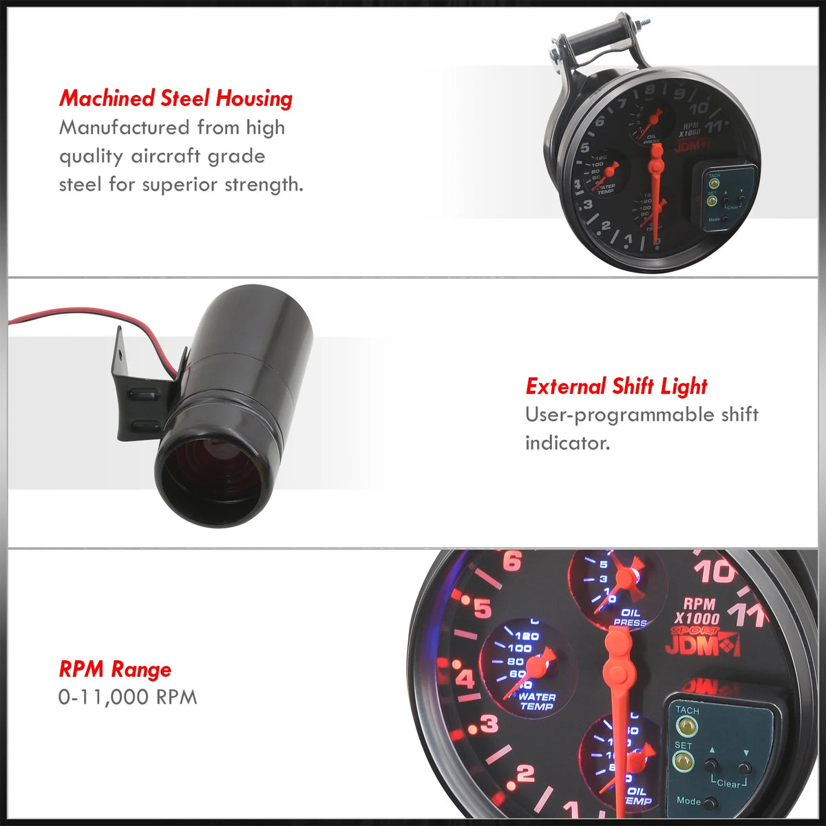 5" Black Face 4-in-1 Tachometer Gauge with Oil Water Temperature Pressure J15089