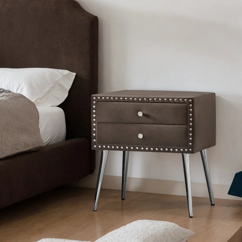 Brown Velvet 2 Drawer Solid Wood Bedside Table I6355