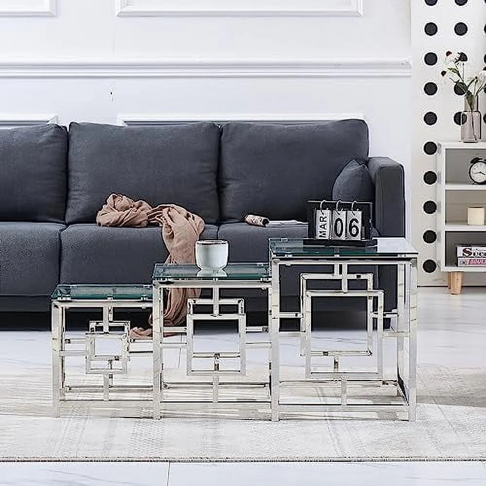 Nesting Table Set of 3 Glass Tempered Glass O9407