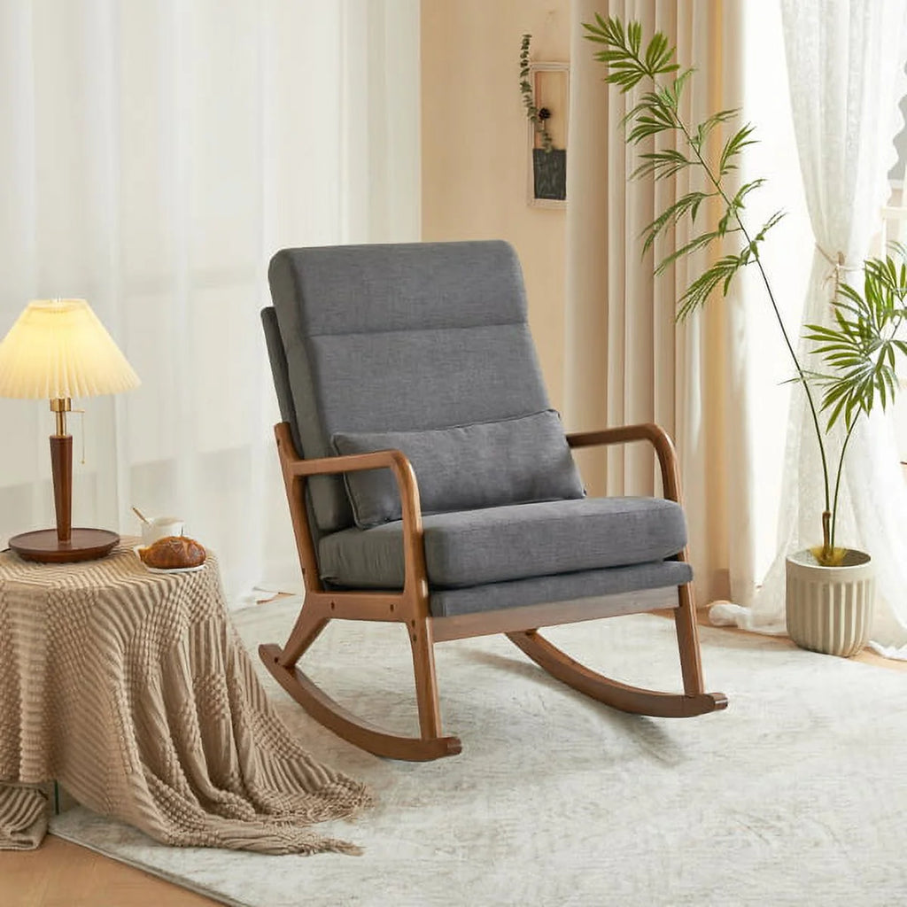 Light Grey Mid-Century Modern Accent Rocking Chair with Lumbar Pillow W22612
