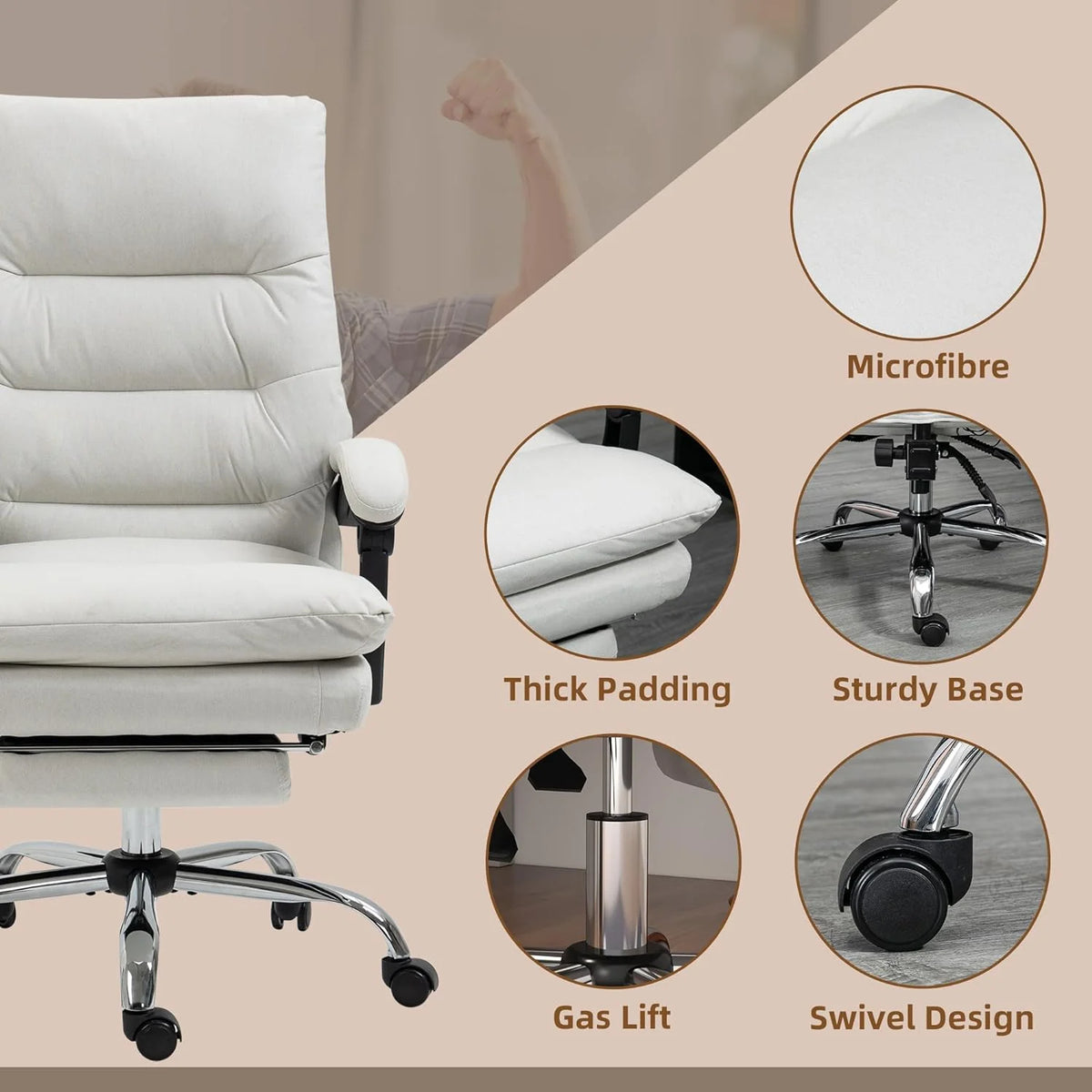 Cream White Microfibre Heated Reclining Massage Office Chair with Footrest P4835