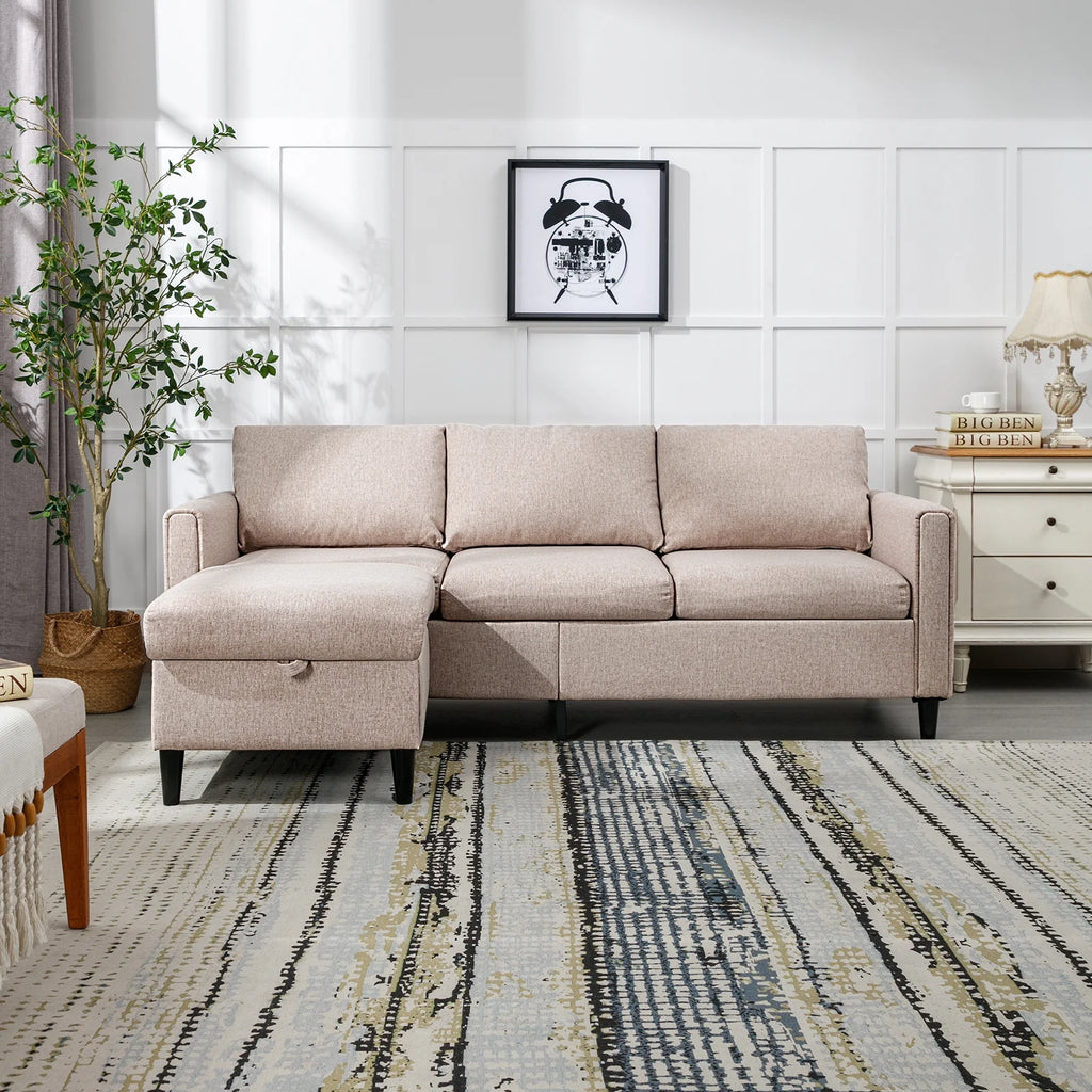 Beige L-Shape Convertible Sectional Sofa with Storage Ottoman I125364