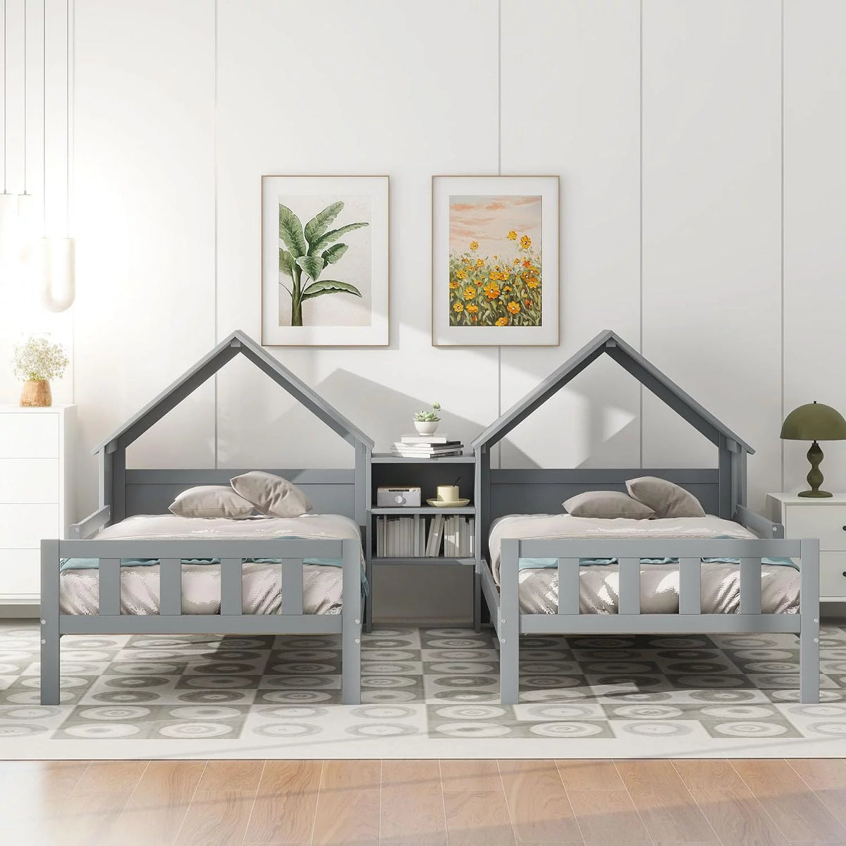 Double Size Platform Bed with House-Shaped Headboard and Built-In Nightstand, Grey Z119