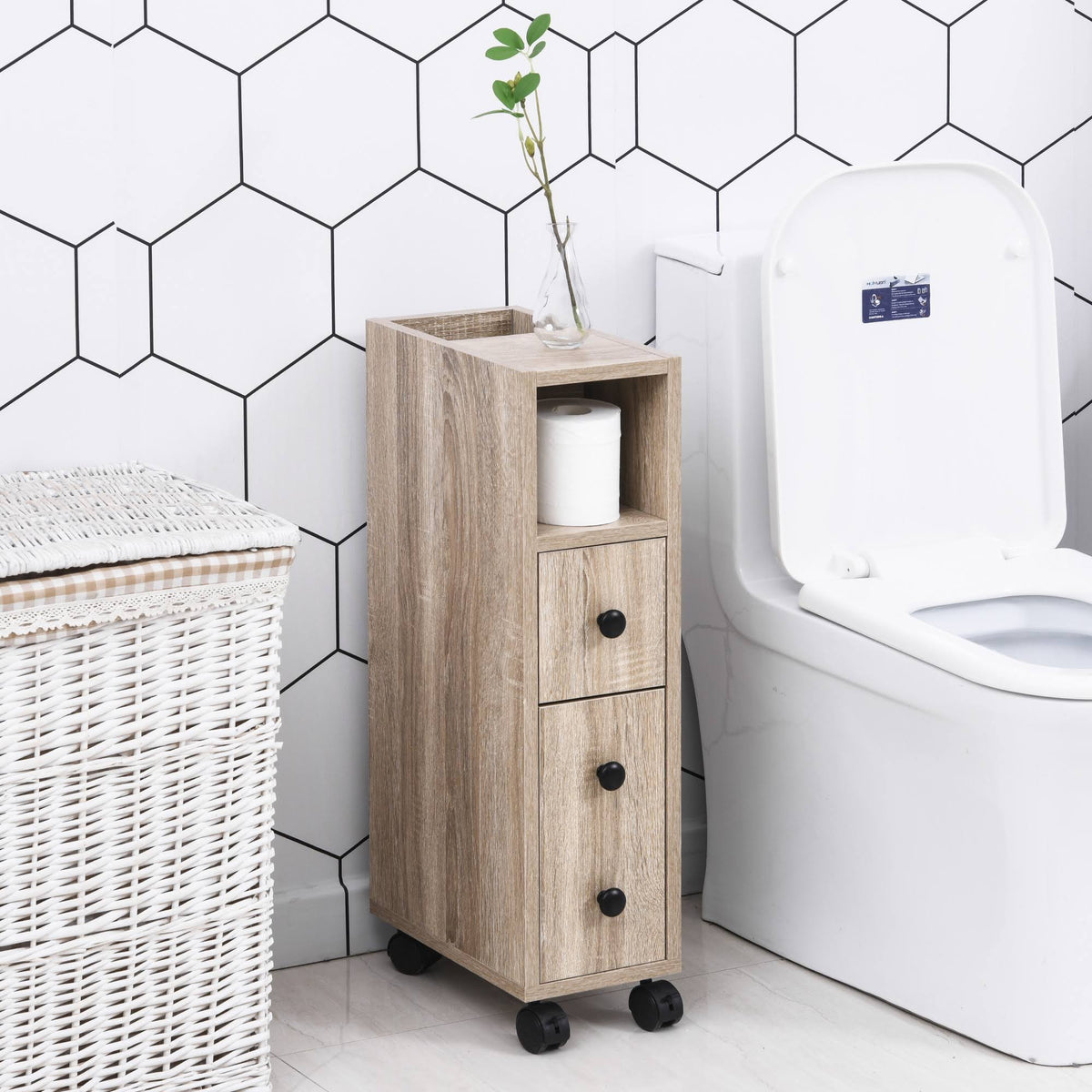 Freestanding Bathroom Cabinet with 2 Open Cabinets, 1 Door Cabinet, 1 Drawer and 4 Rolling Wheels N257922