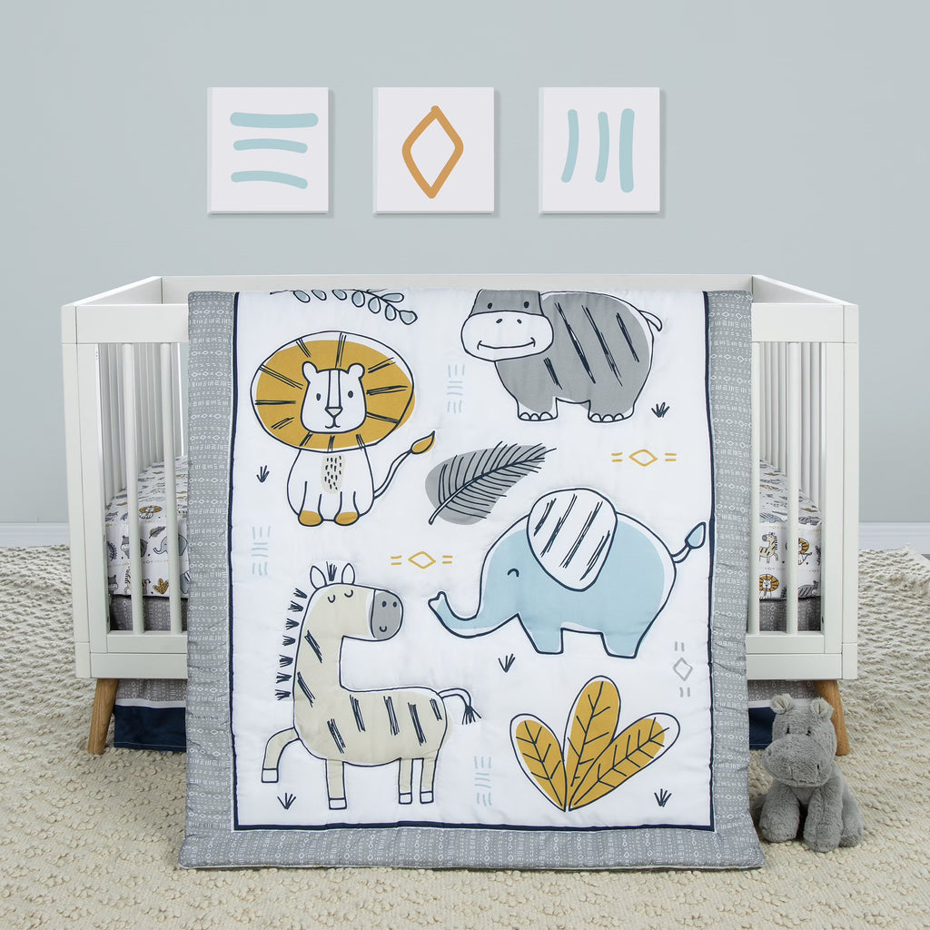 4 Piece Crib Bedding Set, White, Tan, Orange, Blue, Navy and Gray, 100% Microfiber, Polyester Fill, Quilt, Fitted Crib Sheet, Skirt and Plush Toy Y721586