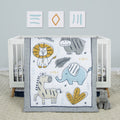 4 Piece Crib Bedding Set, White, Tan, Orange, Blue, Navy and Gray, 100% Microfiber, Polyester Fill, Quilt, Fitted Crib Sheet, Skirt and Plush Toy Y721586