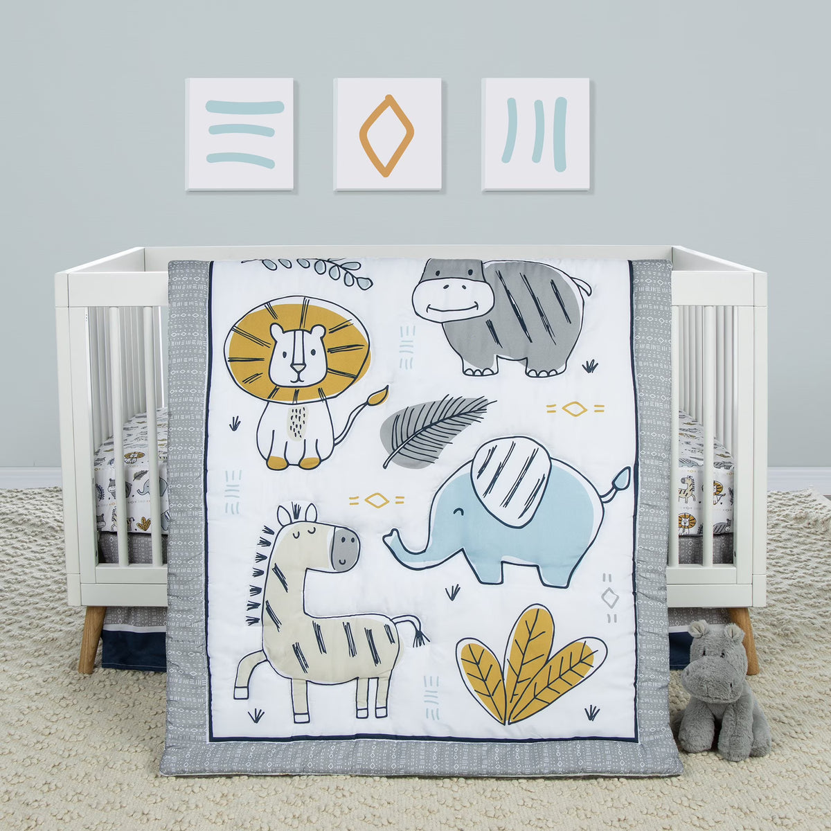4 Piece Crib Bedding Set, White, Tan, Orange, Blue, Navy and Gray, 100% Microfiber, Polyester Fill, Quilt, Fitted Crib Sheet, Skirt and Plush Toy Y721586