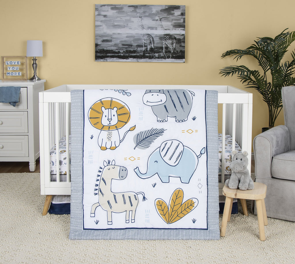 4 Piece Crib Bedding Set, White, Tan, Orange, Blue, Navy and Gray, 100% Microfiber, Polyester Fill, Quilt, Fitted Crib Sheet, Skirt and Plush Toy Y721586
