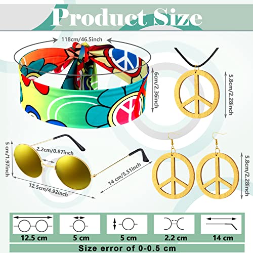 7 Pcs Hippie Costume Set with Flared Pants Fringe Vest Peace Sign Accessories S4542
