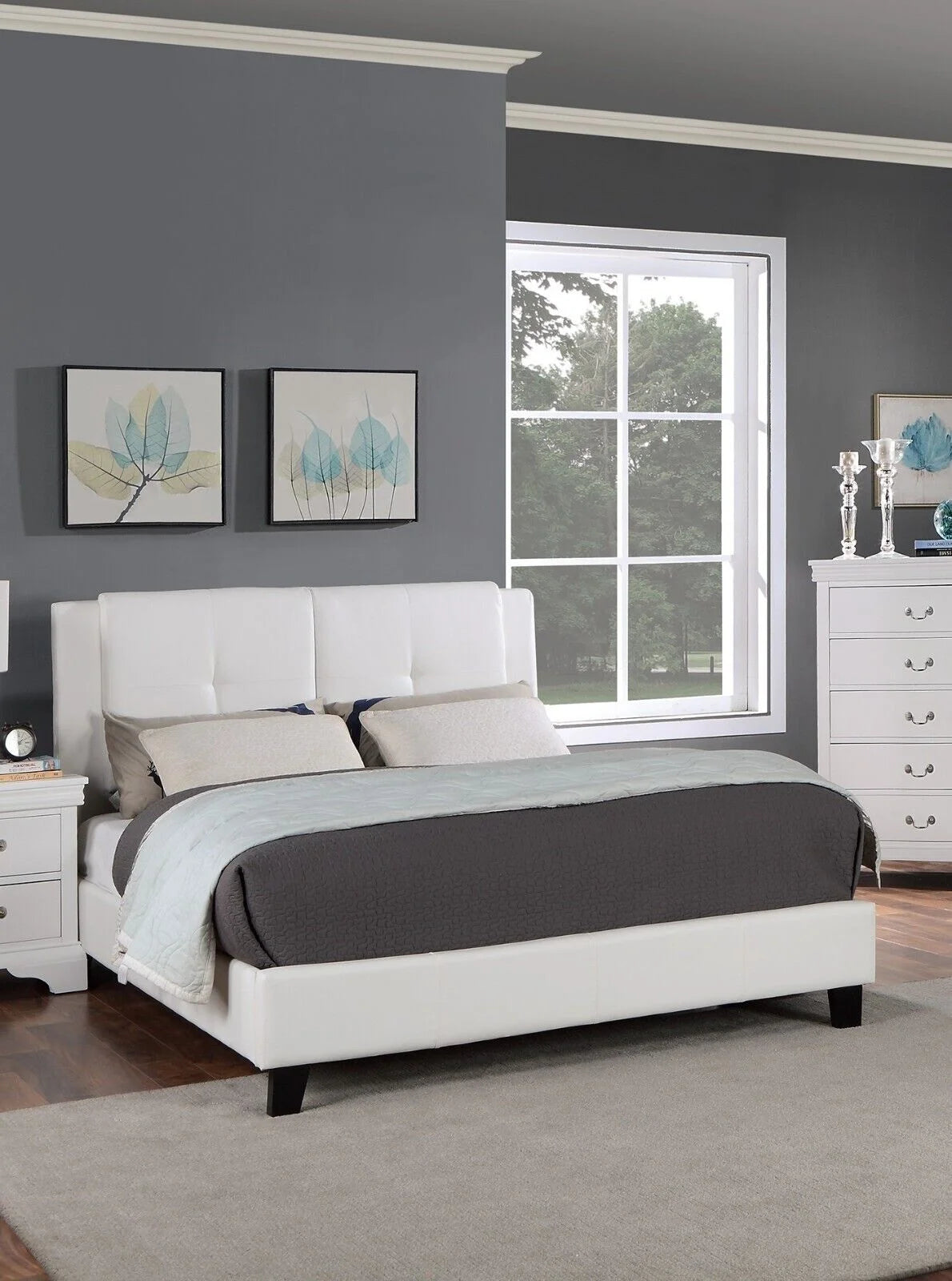 White Faux Leather Panel Headboard Eastern King Size Bed 3pc Set N981