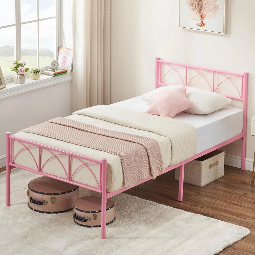 Pink Twin Metal Platform Bed Frame with Headboard H613114