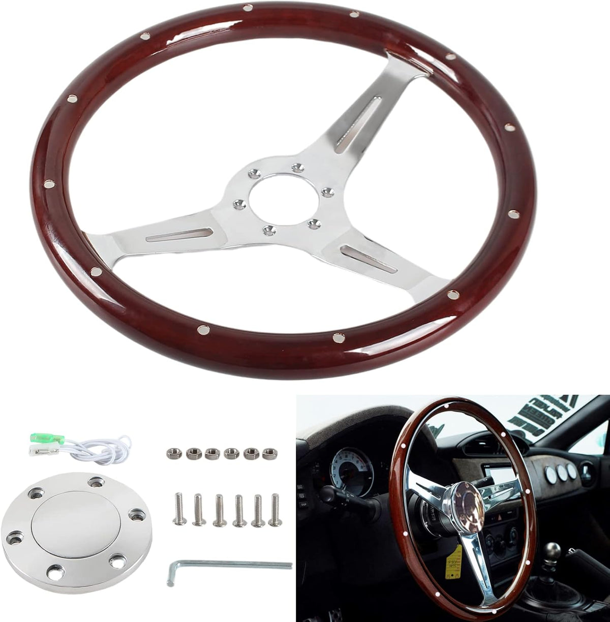 Classic Wood Grain Steering Wheel with Horn Button Kit E609892