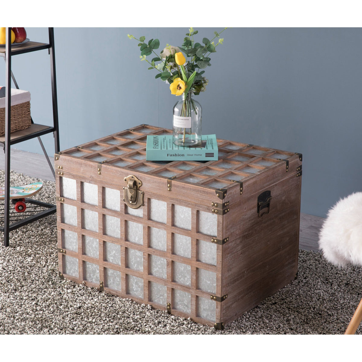 Wooden Rectangle Galvanized Metal Lined Storage Trunk L7535