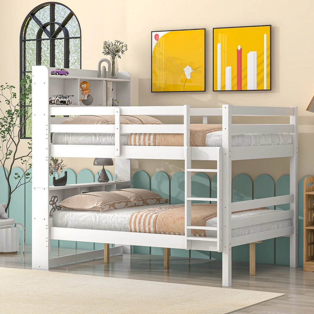 Full Over Full Bunk Beds with Bookcase Headboard, Solid Wood Bed Frame with Safety Rail and Ladder, White W257338