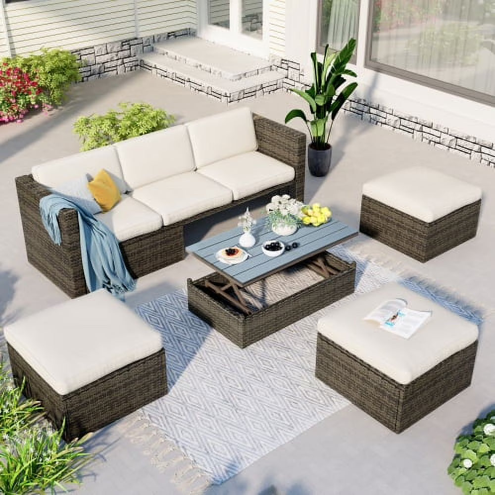 5-Piece Patio Wicker Sofa with Ottomans and Lift Top Coffee Table X7341