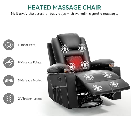 Black Faux Leather Swivel Rocker Recliner Chair with Massage & Heat P6253