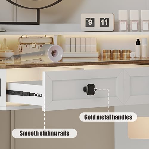 White Glass Top Corner Vanity Desk with Mirror and Lights, 4 Drawers Z466713