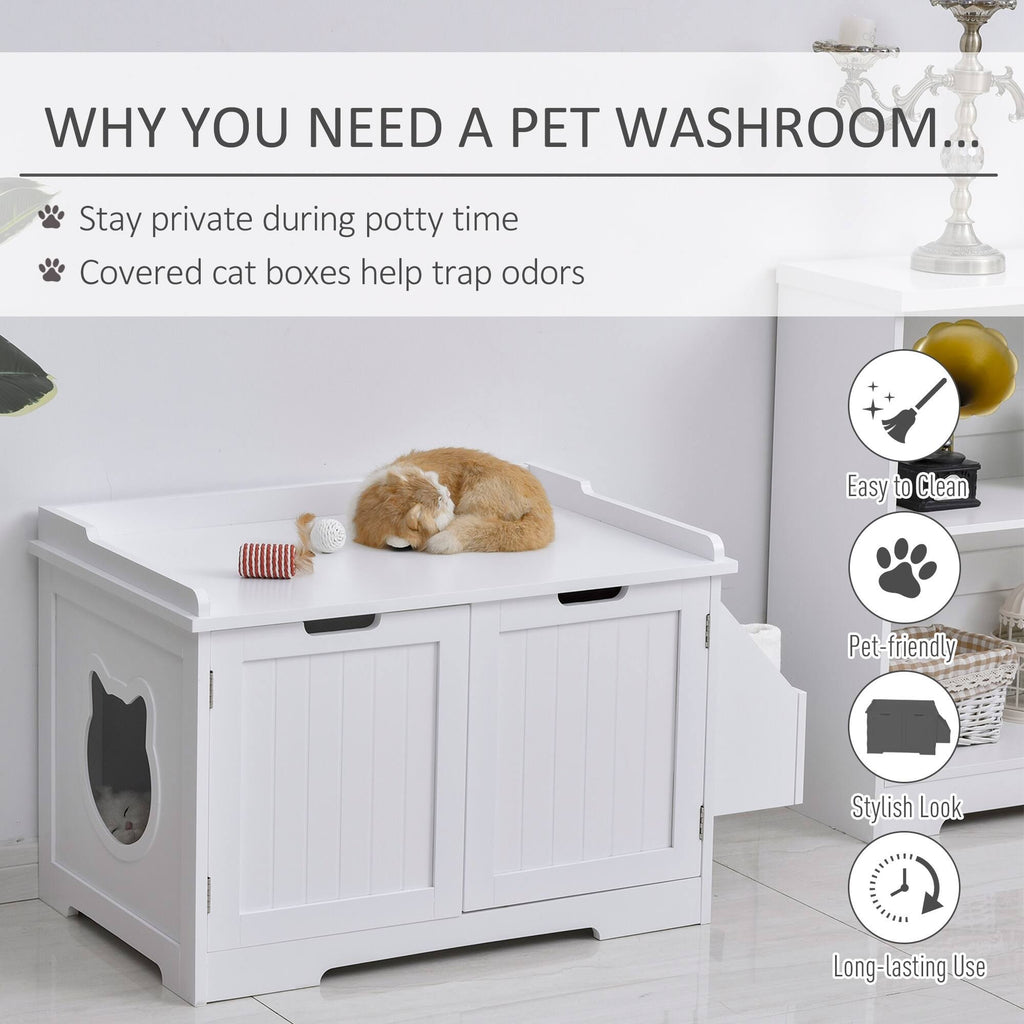 White Wooden Cat Litter Box Enclosure with Nightstand and Storage Rack U18278