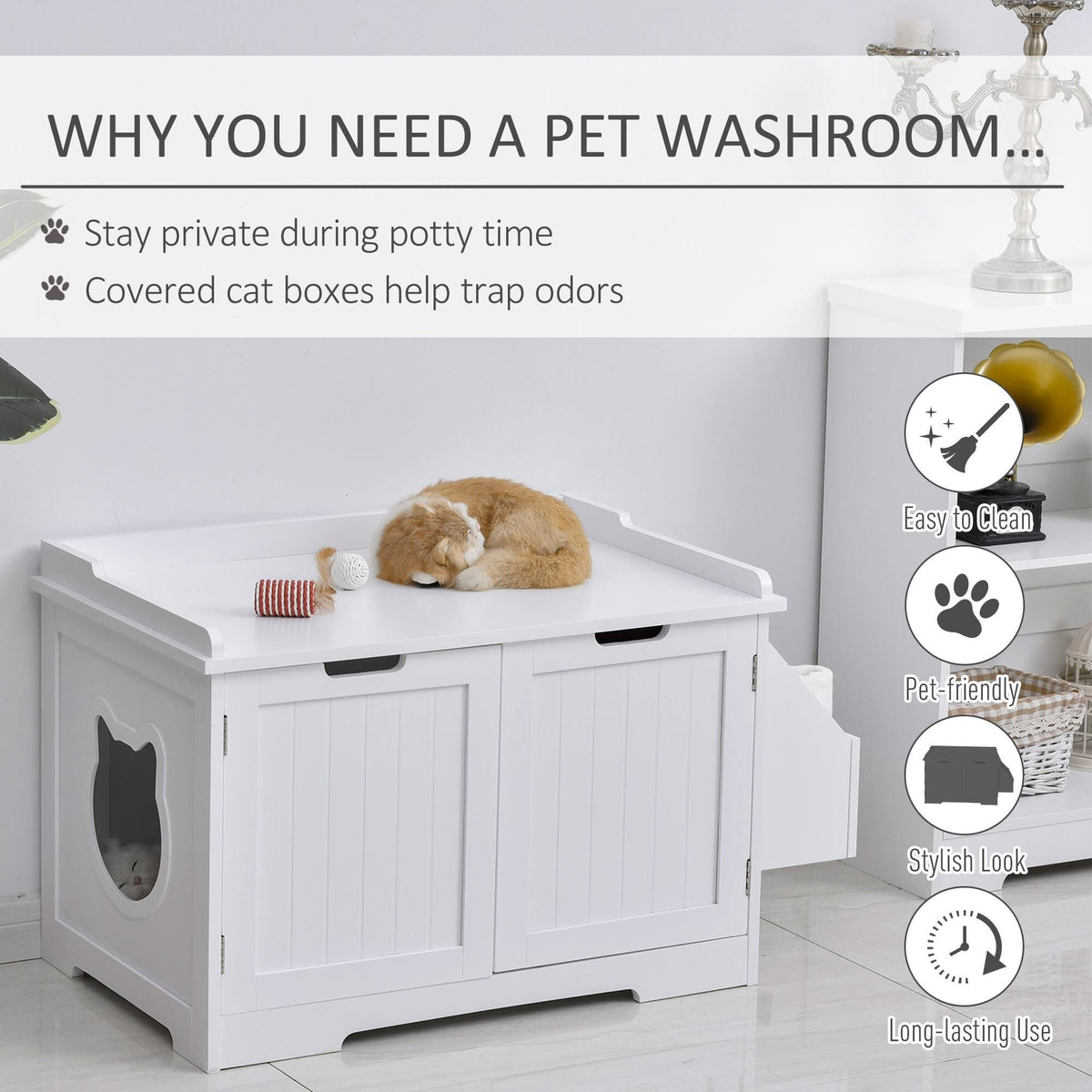 White Wooden Cat Litter Box Enclosure with Nightstand and Storage Rack U18278