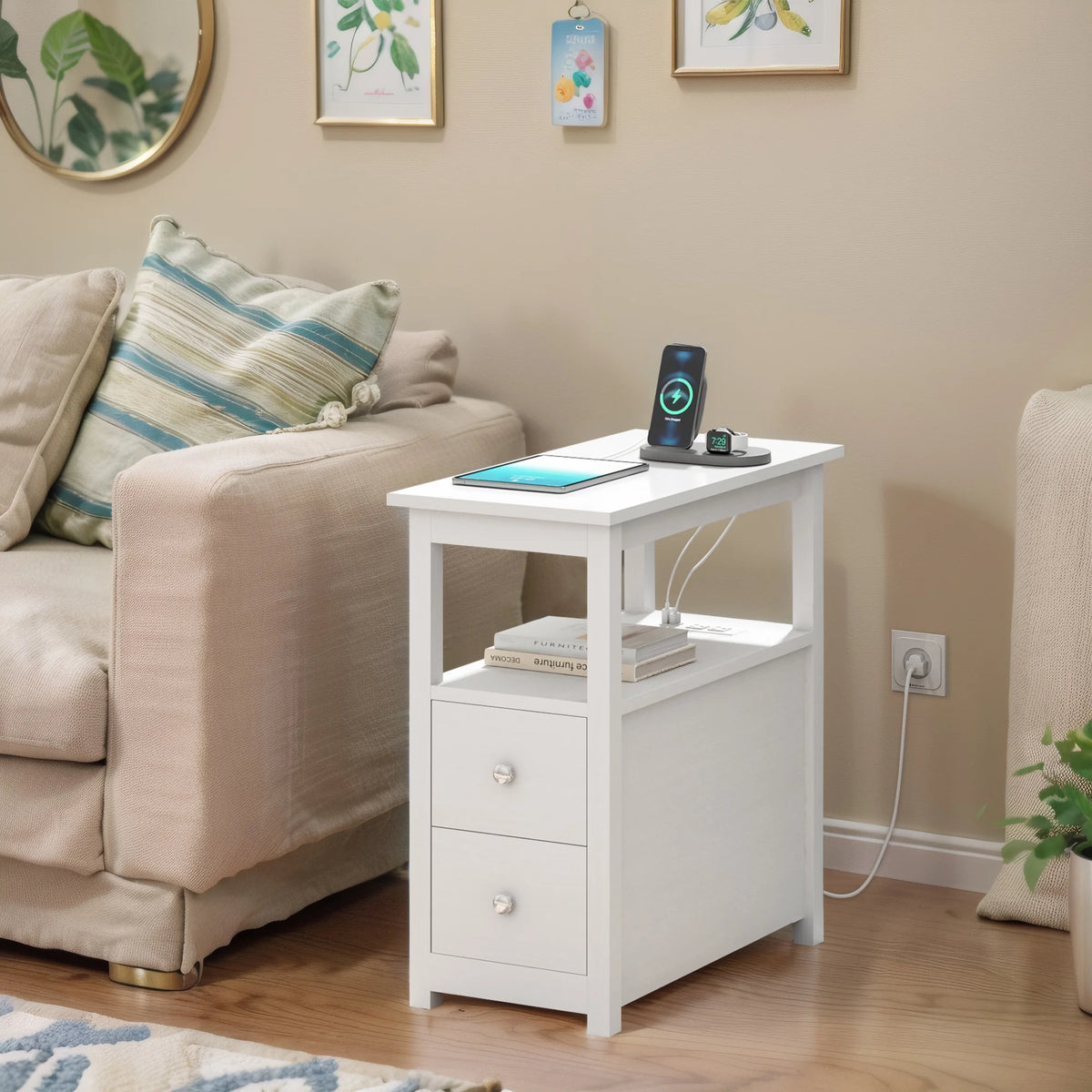 Set of 2 Narrow End Table with Charging Station and 2 Drawers F78212