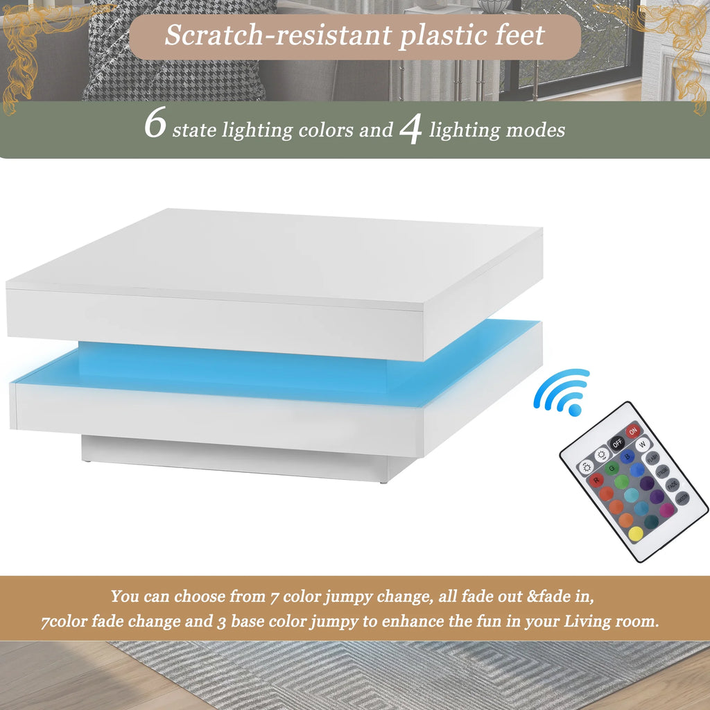 31.5" 2-Tier Square LED Coffee Table White High Gloss Finish X17720