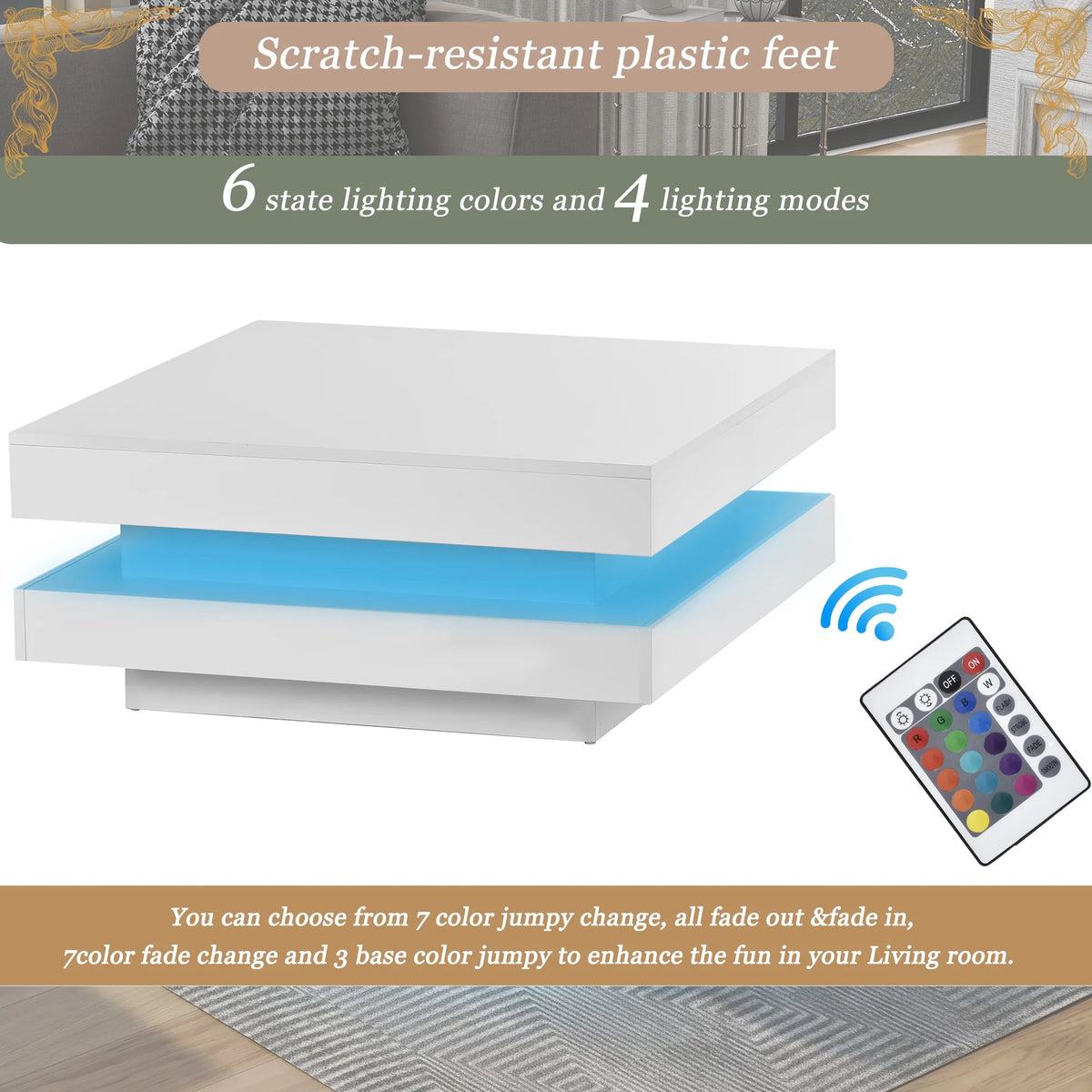 31.5" 2-Tier Square LED Coffee Table White High Gloss Finish X17720