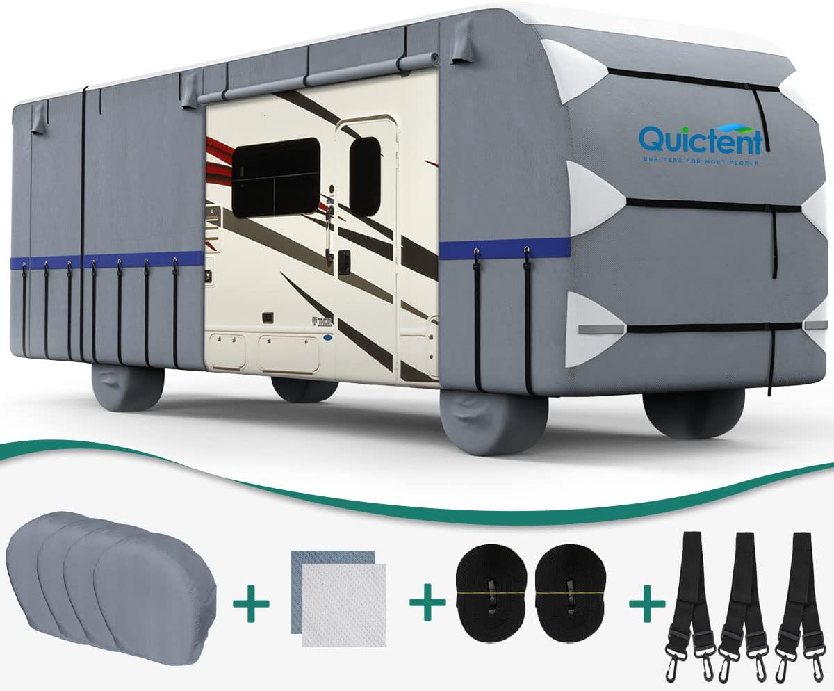 RV Cover, Extra-Thick 6-ply, Fits 40 - 43Ft Motorhome, with 2 Windproof Straps, 4 Tire Covers Y84358