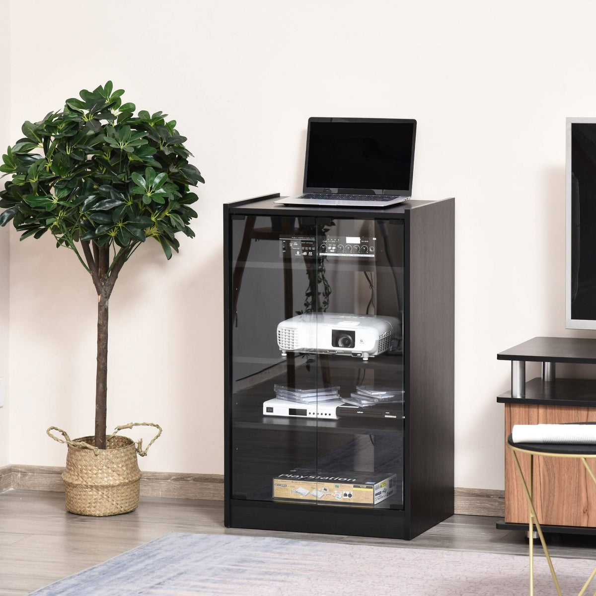5-Tier Media Stand Cabinet with Tempered Glass Doors, Black R1014