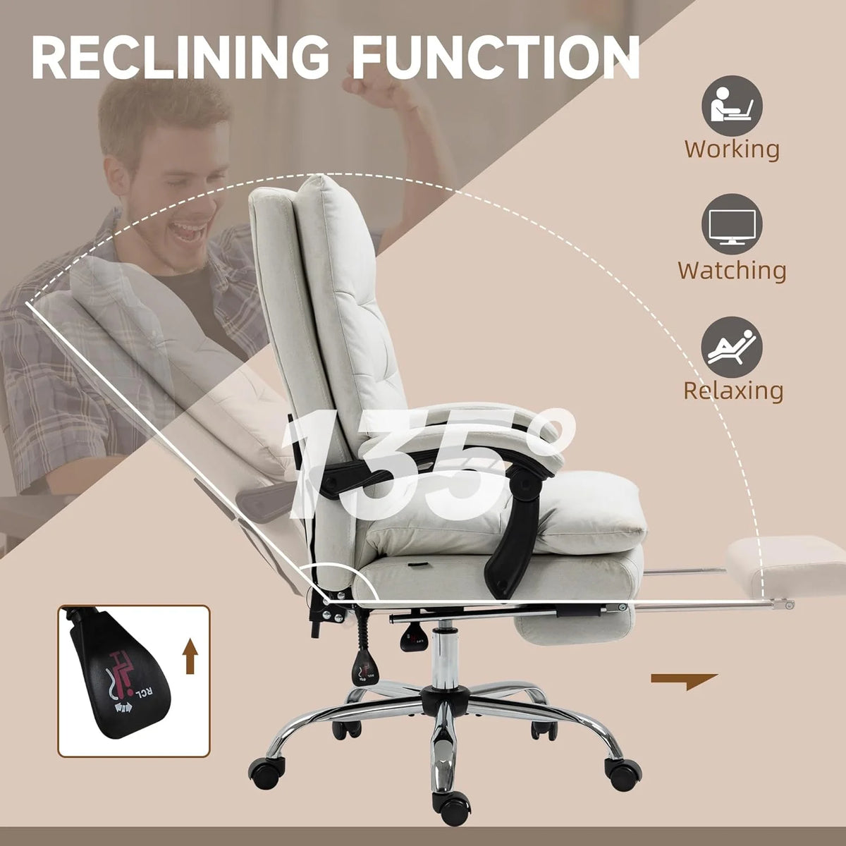 Cream White Microfibre Heated Reclining Massage Office Chair with Footrest P4835