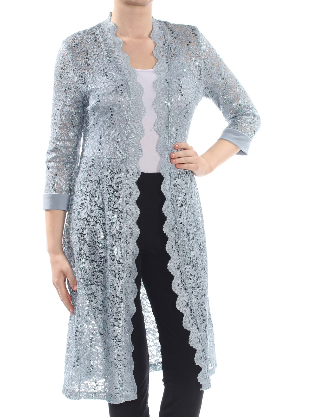 Blue Lace Sequined Floral 3/4 Sleeve Open Cardigan Top W21087