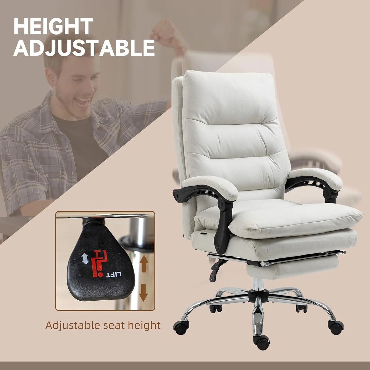 Cream White Microfibre Heated Reclining Massage Office Chair with Footrest P4835