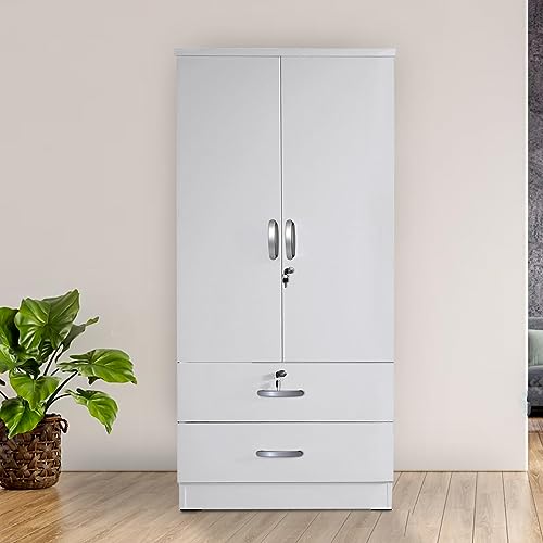 White 2-Door Wardrobe Armoire with 2-Drawers R3393