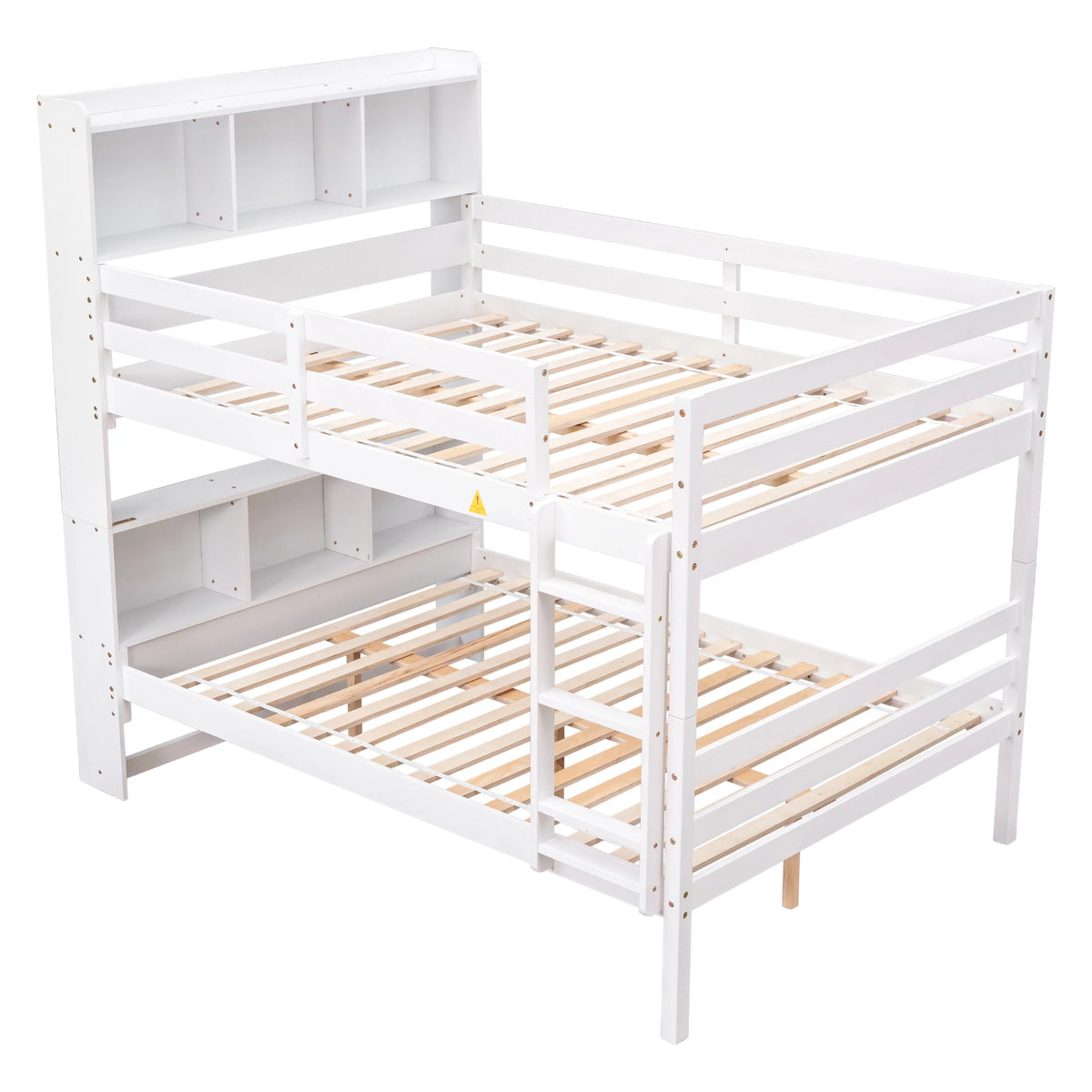 Full Over Full Bunk Beds with Bookcase Headboard, Solid Wood Bed Frame with Safety Rail and Ladder, White W257338