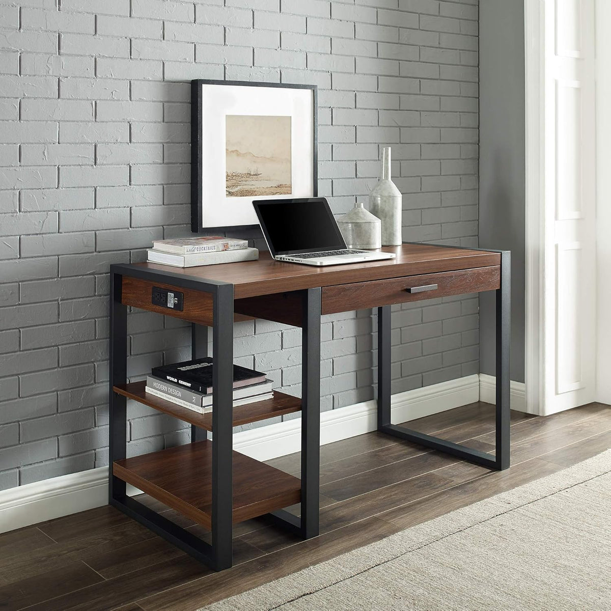 48 Inch Grey Wash Computer Gaming Desk with Drawer and Electrical Outlet K664