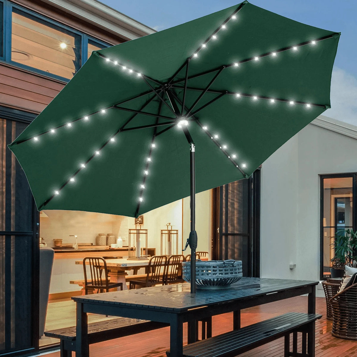 10 ft Solar Patio Umbrella with 40 LED Lights, Steel Tilt Crank, Navy Blue I168
